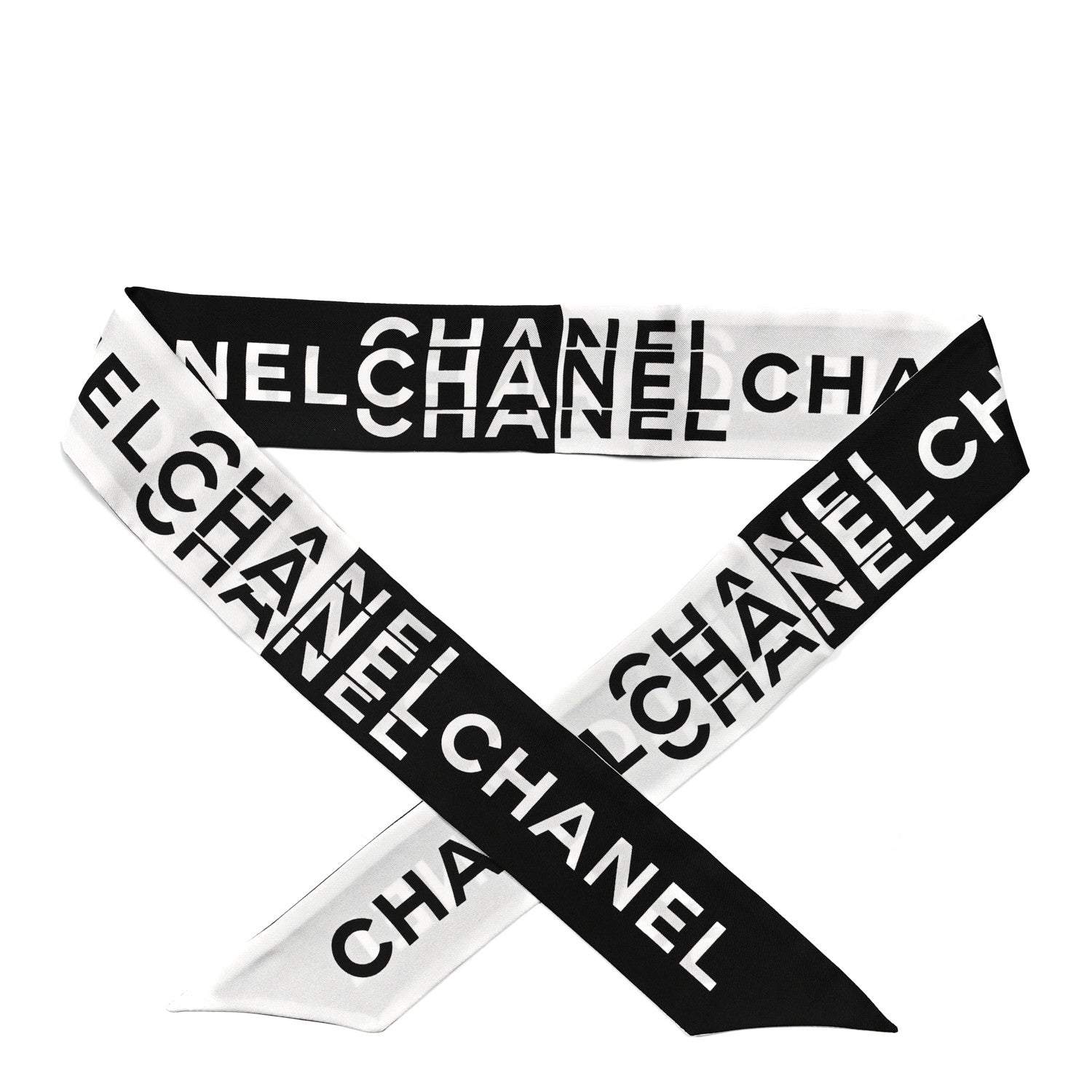 Chanel Silk Logo Slim Bandeau Scarf Black White 1 of 3