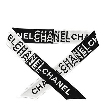 Chanel Silk Logo Slim Bandeau Scarf Black White 1 of 3