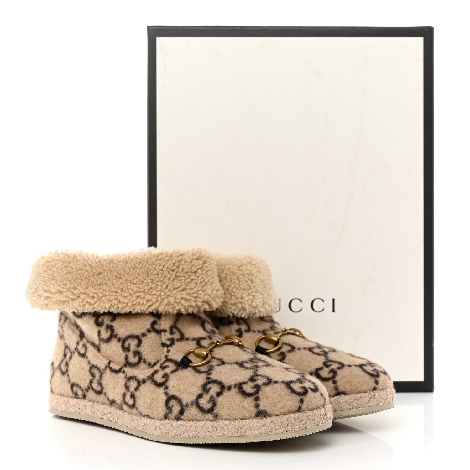 Gucci Covered Wool GG Monogram Mens Fria Horsebit Ankle Boots 9 Beige Ebony Butterscotch 9 of 9