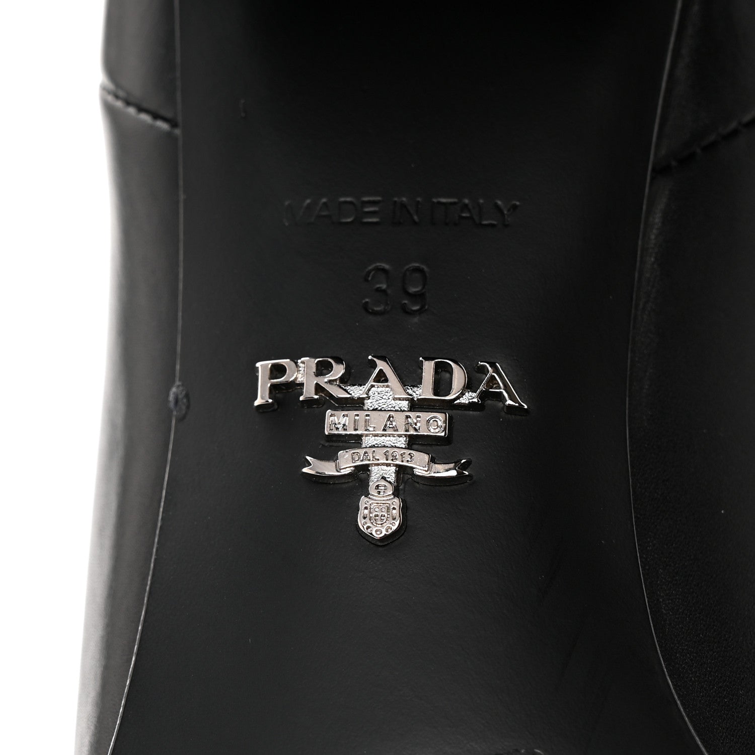 Prada Vitello Metal Triangle Logo Block Heel 65mm Knee Boots 39 Black 6 of 7