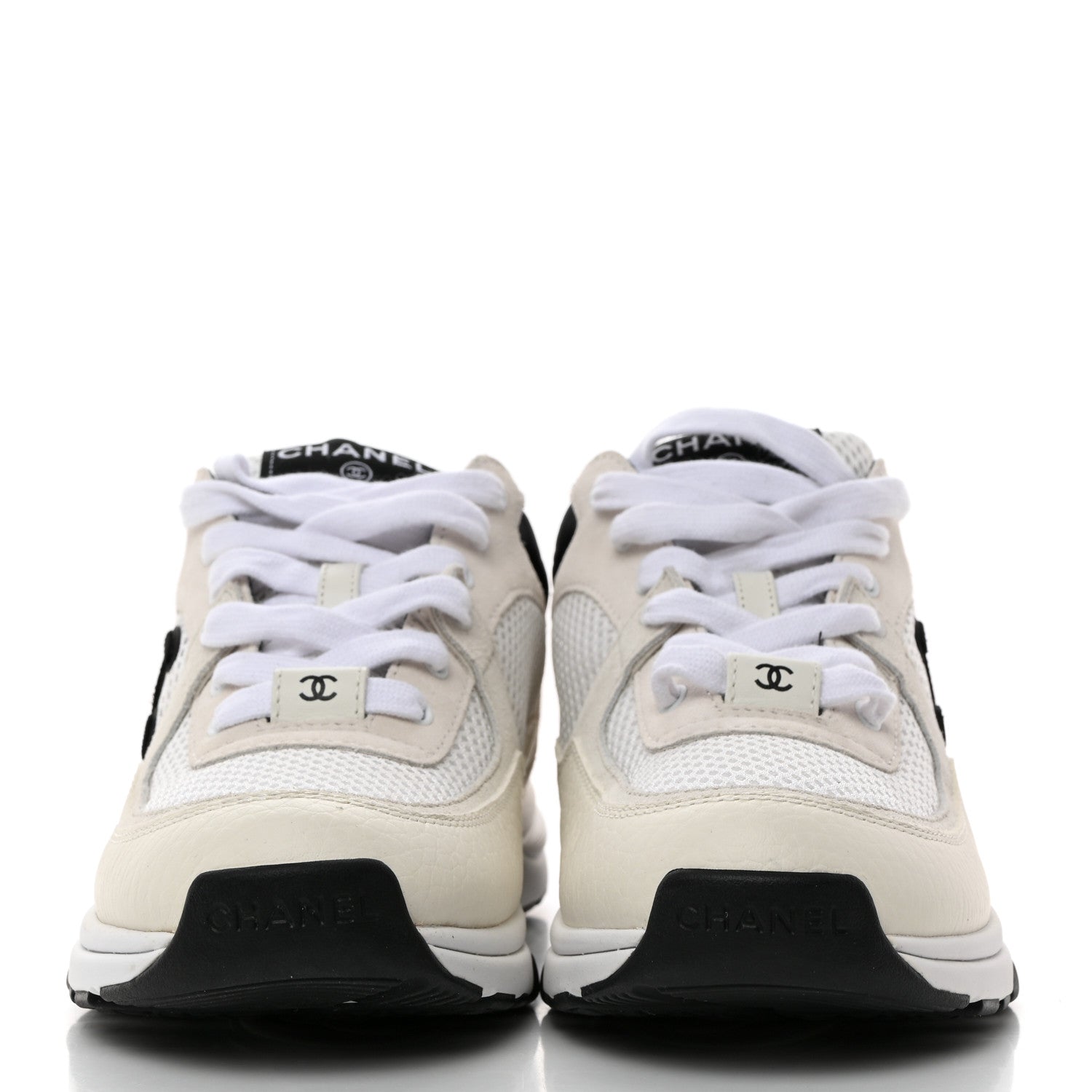 Chanel Mesh Suede Calfskin Grained Calfskin Womens CC Sneakers 37 White Black 2 of 8