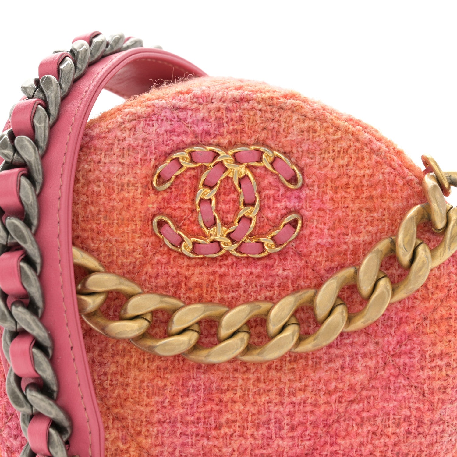 Chanel Tweed Quilted Chanel 19 Round Clutch With Chain Coral Pink 8 of 10