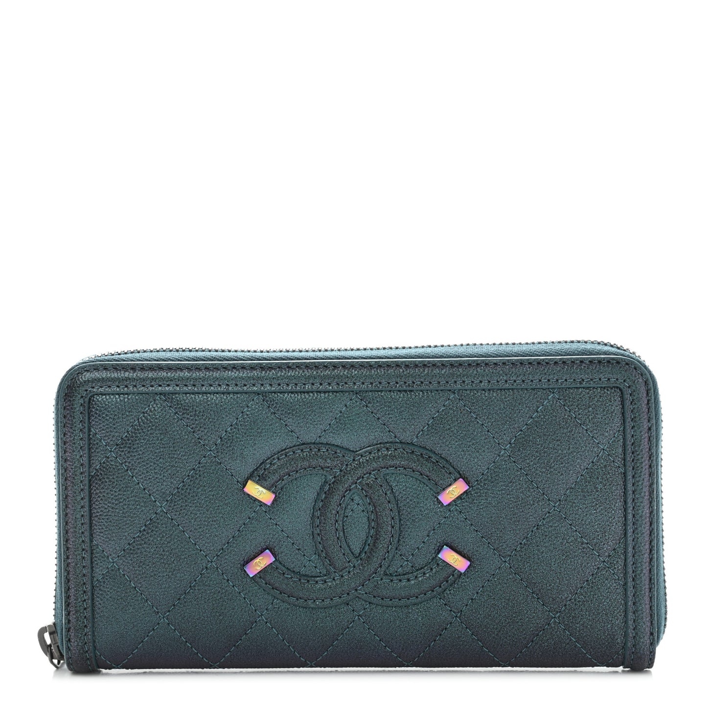 Iridescent Caviar Quilted Large Filigree Zip Around Wallet Dark Turquoise