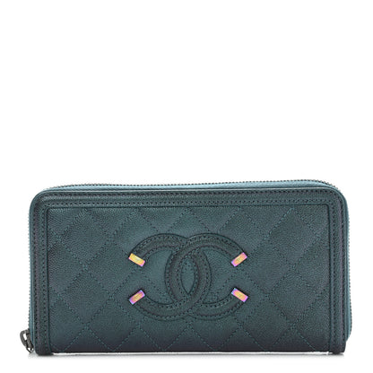 Chanel Iridescent Caviar Quilted Large Filigree Zip Around Wallet Dark Turquoise 1 of 9
