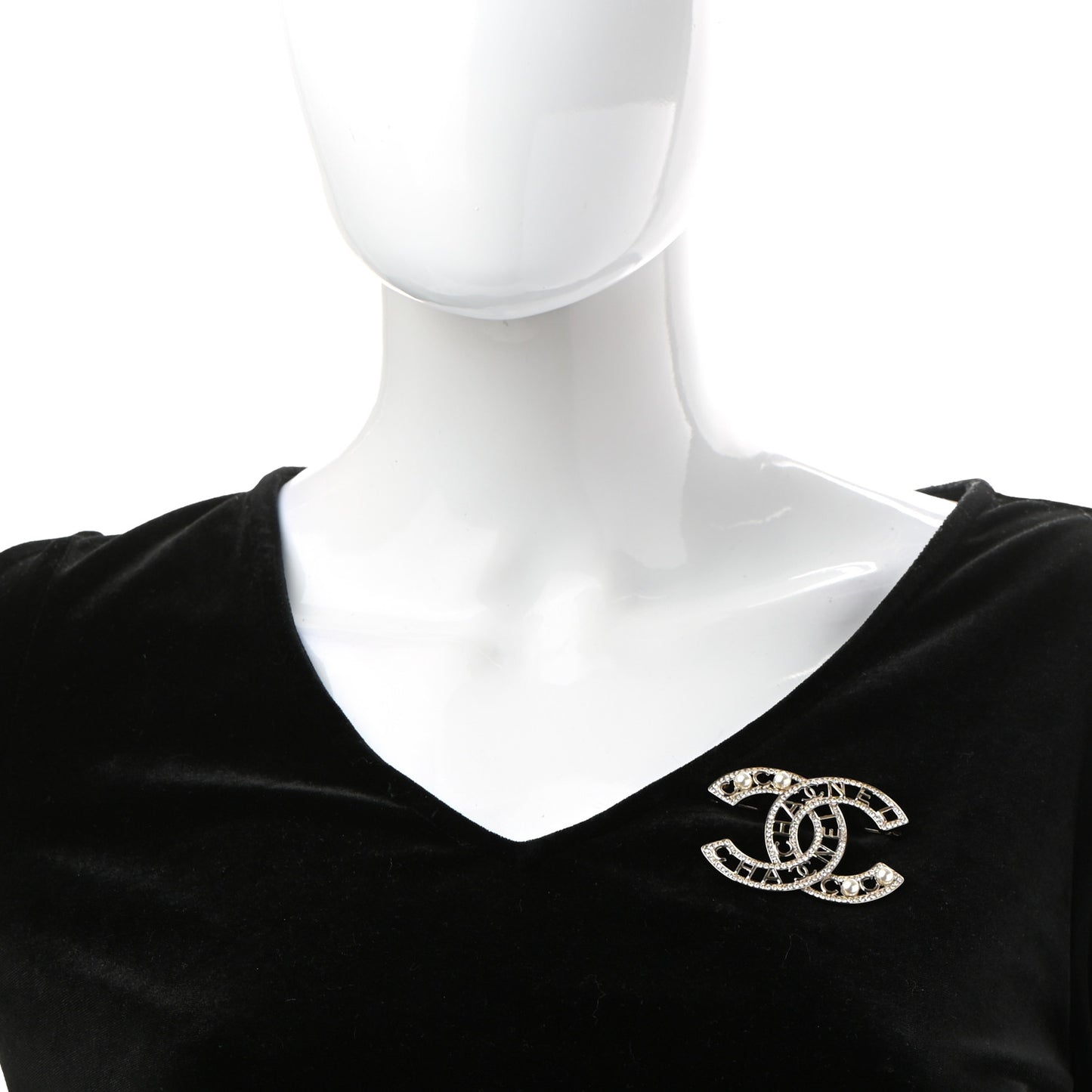Crystal Pearl Coco CC Logo Brooch Gold