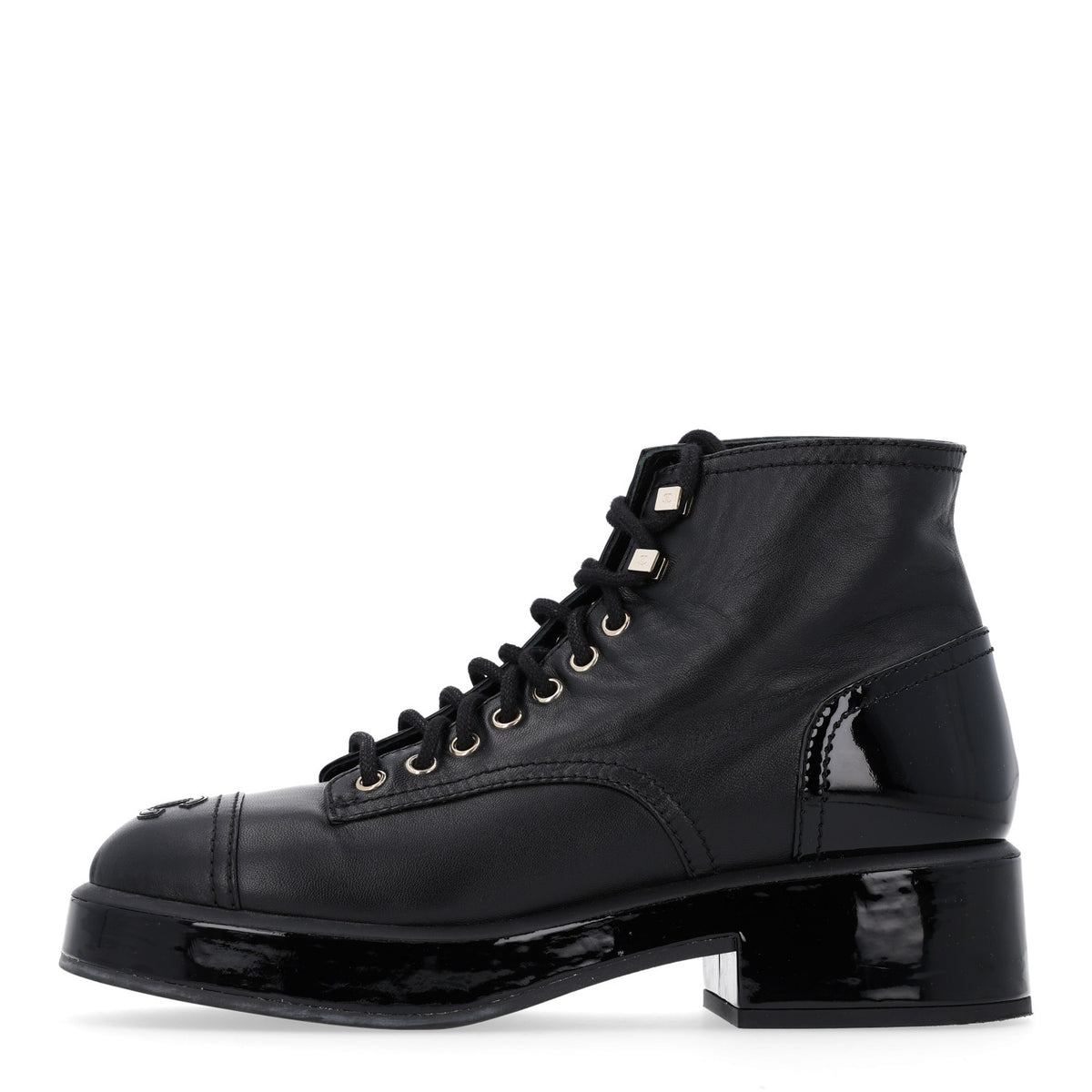 Chanel Shiny Calfskin Patent Lace Up Combat Short Boots 38.5 Black 1 of 10