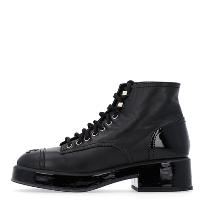 Chanel Shiny Calfskin Patent Lace Up Combat Short Boots 38.5 Black 1 of 10
