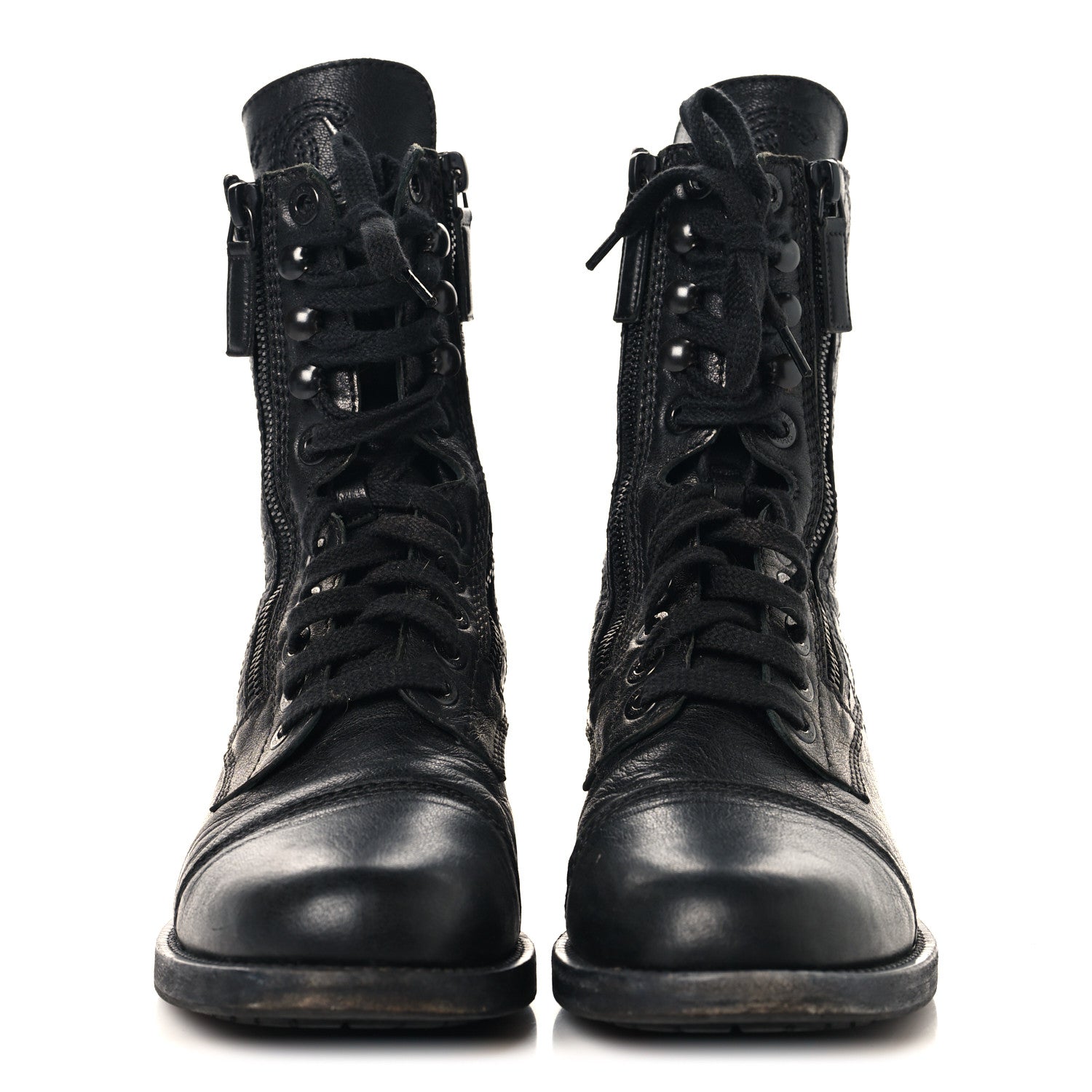 Chanel Sheepskin Quilted CC Tall Lace Up Combat Boots 38.5 Black 3 of 9