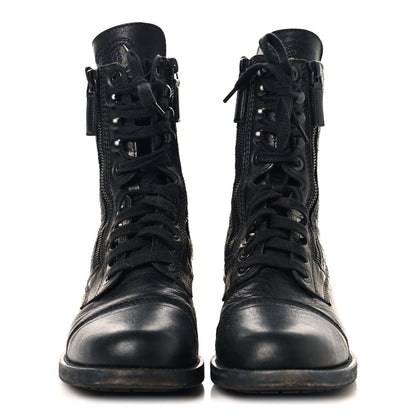 Chanel Sheepskin Quilted CC Tall Lace Up Combat Boots 38.5 Black 3 of 9