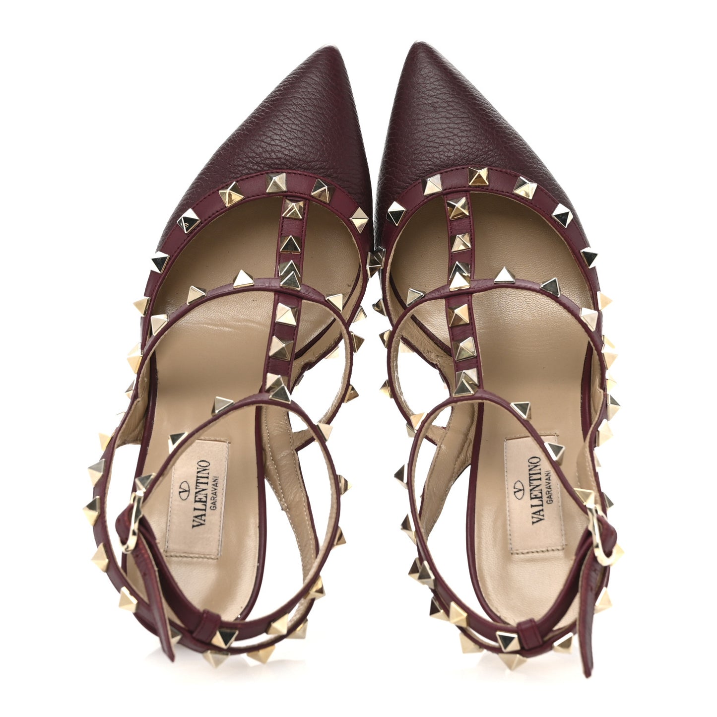 Pebbled Calfskin Rockstud Ankle Strap Pumps 38 Rubino