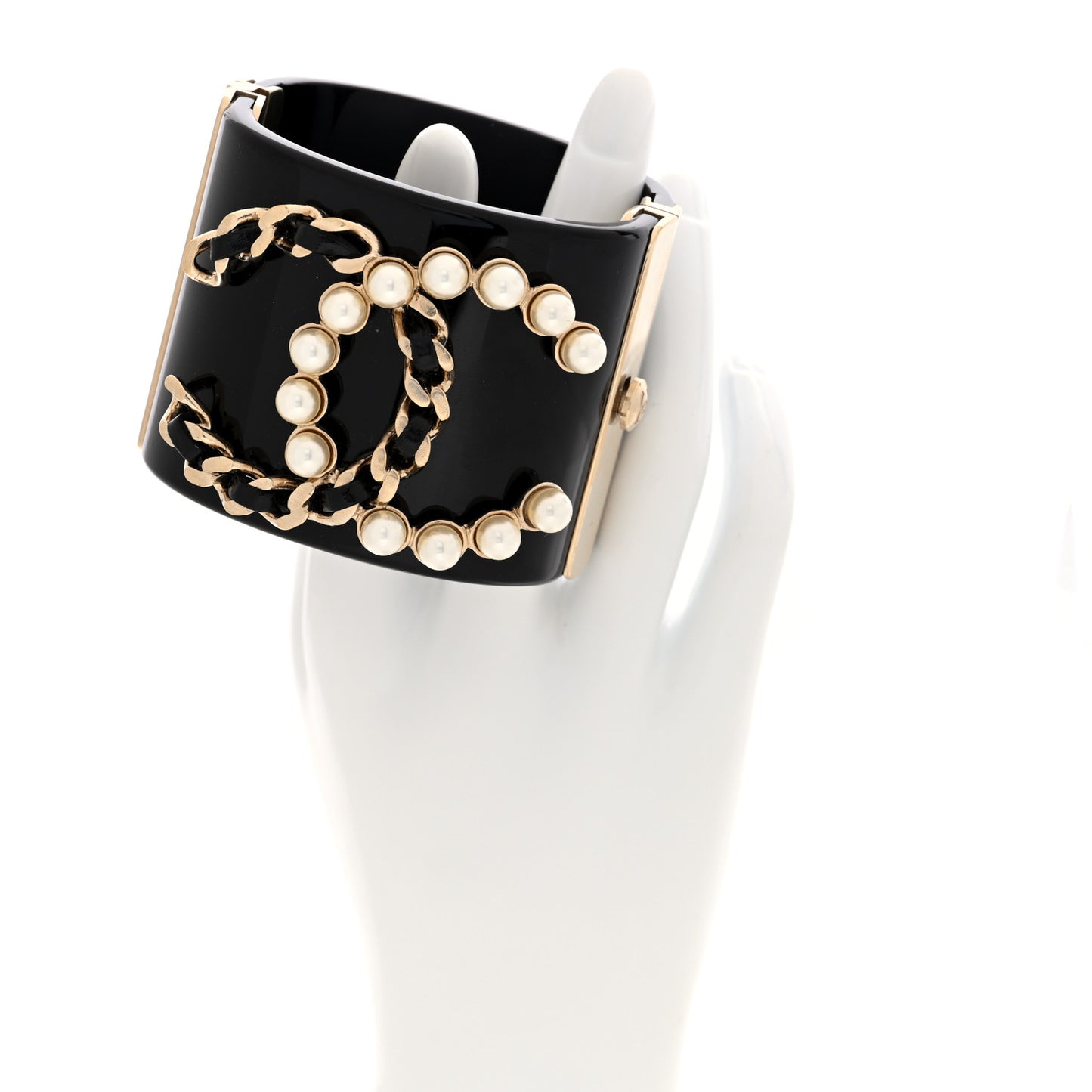 Resin Pearl Lambskin CC Cuff Bracelet Black Black Gold