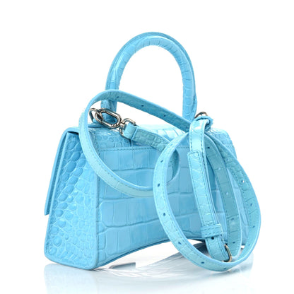 Balenciaga Shiny Calfskin Crocodile Embossed Hourglass Top Handle Bag XS Azur 3 of 11