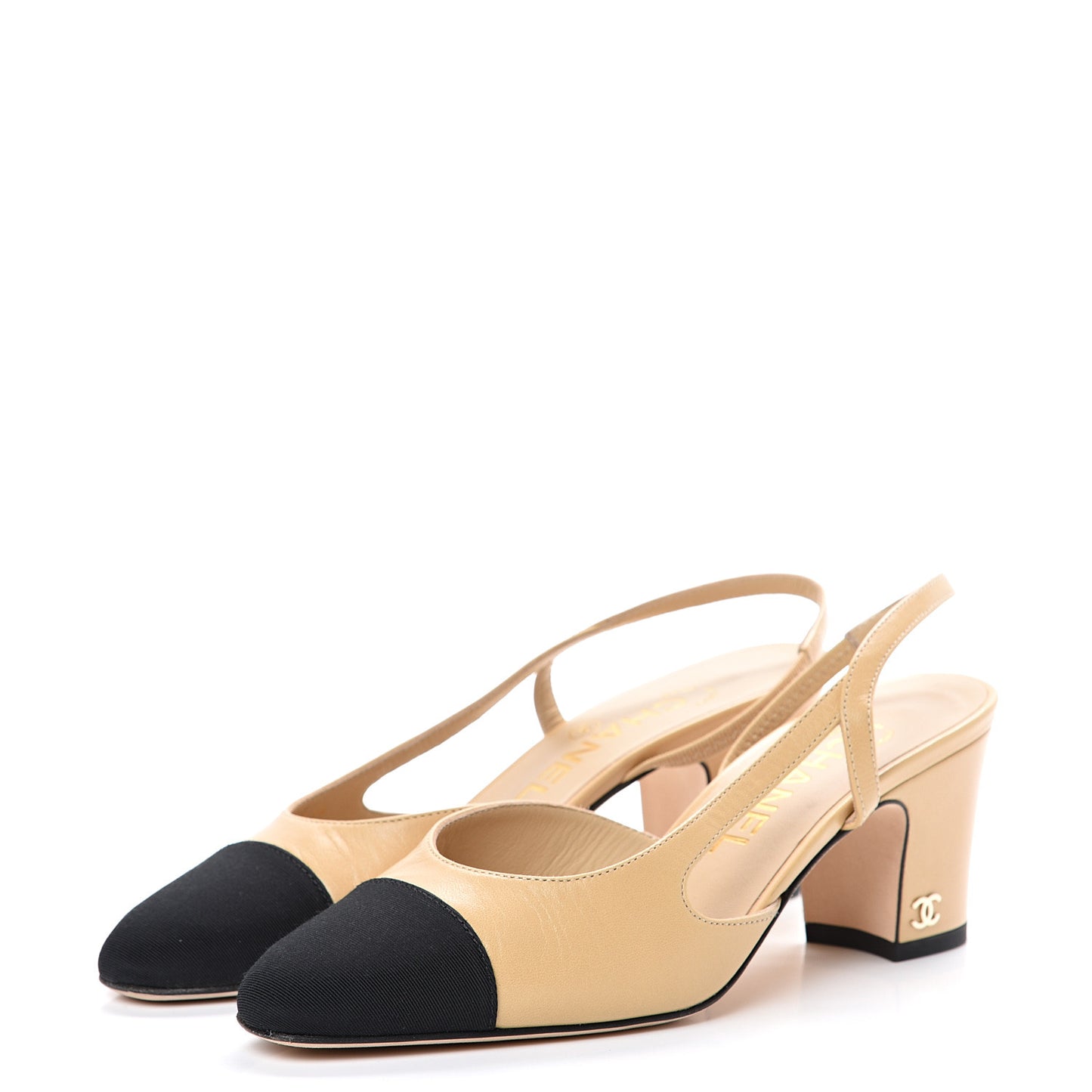 Goatskin Grosgrain Cap Toe CC Slingback Pumps 35 Beige Black