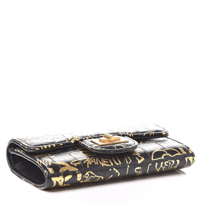 Chanel Calfskin Crocodile Embossed Graffiti 2.55 Cocodile Reissue Flap Card Holder Black Gold 4 of 12