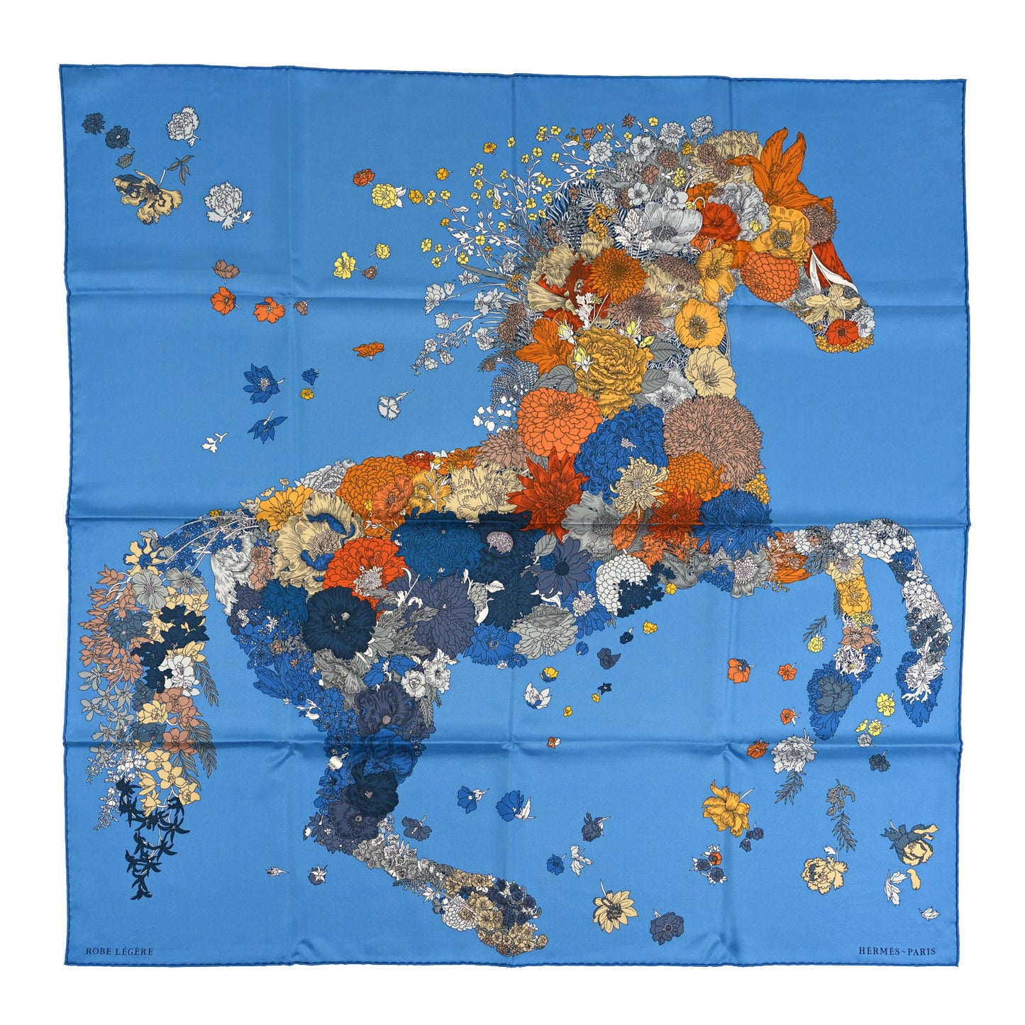 Silk Robe Legere Scarf 90 Bleu Azure Ocre Roux
