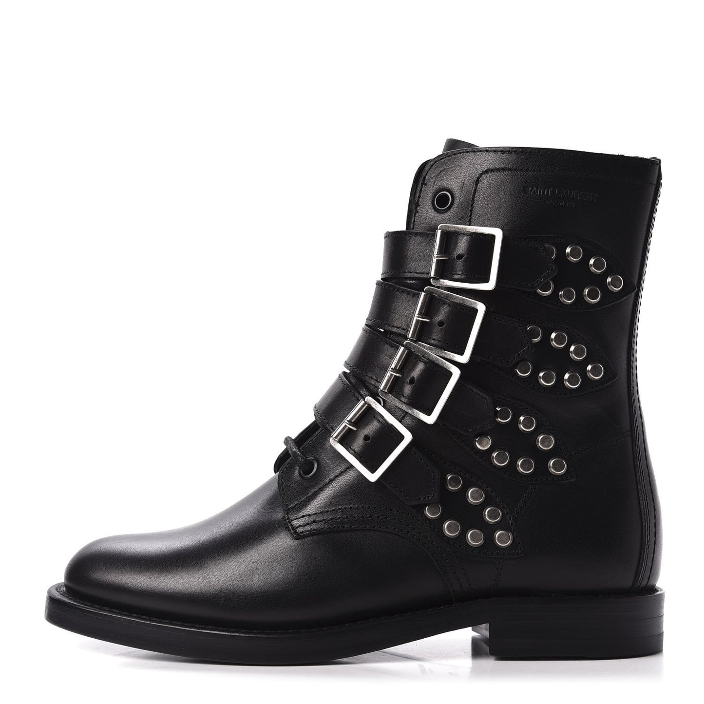 Smooth Calfskin Studded Strap Rangers Boots 36.5 Black