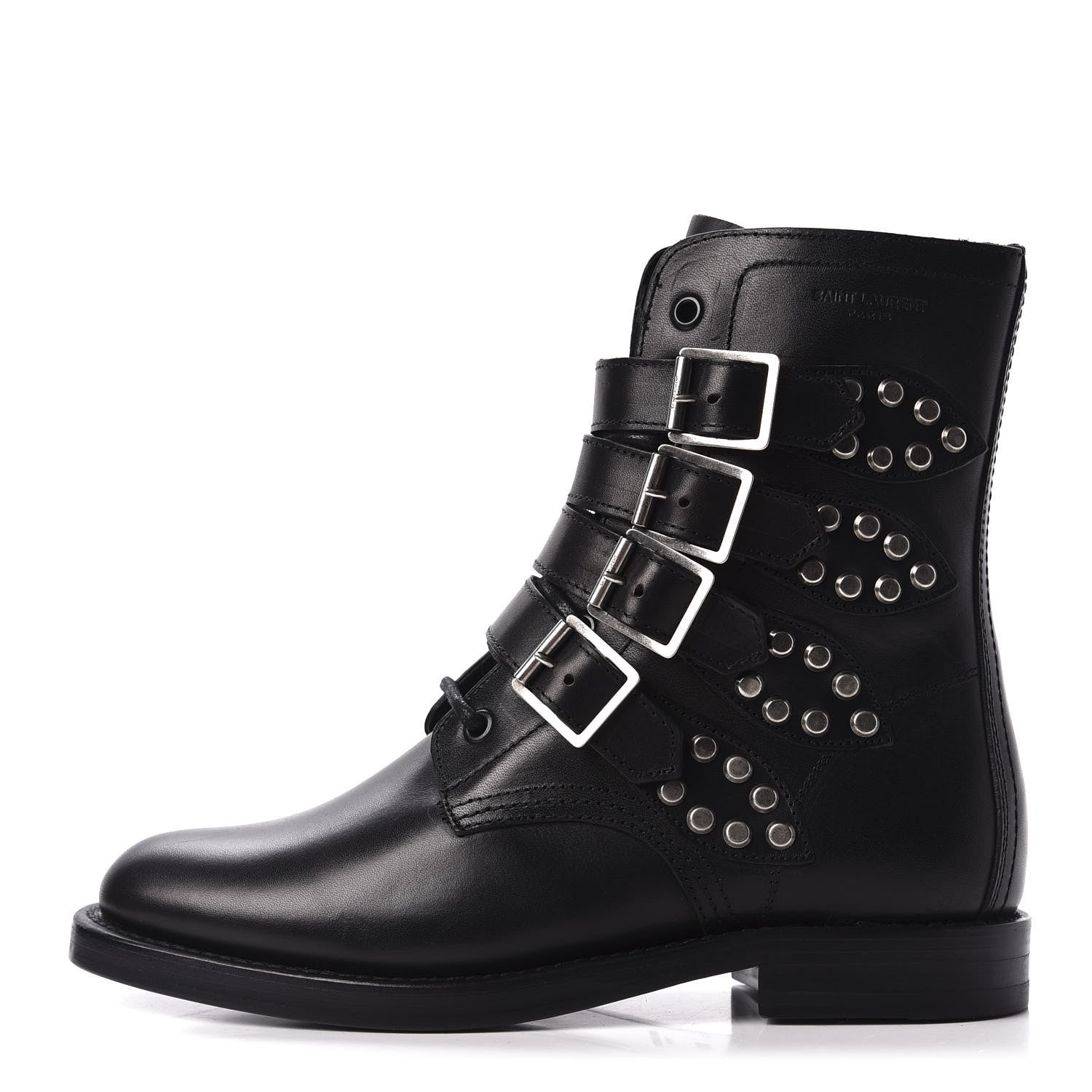 Saint Laurent Smooth Calfskin Studded Strap Rangers Boots 36.5 Black 1 of 8