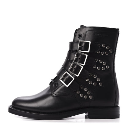 Saint Laurent Smooth Calfskin Studded Strap Rangers Boots 36.5 Black 1 of 8