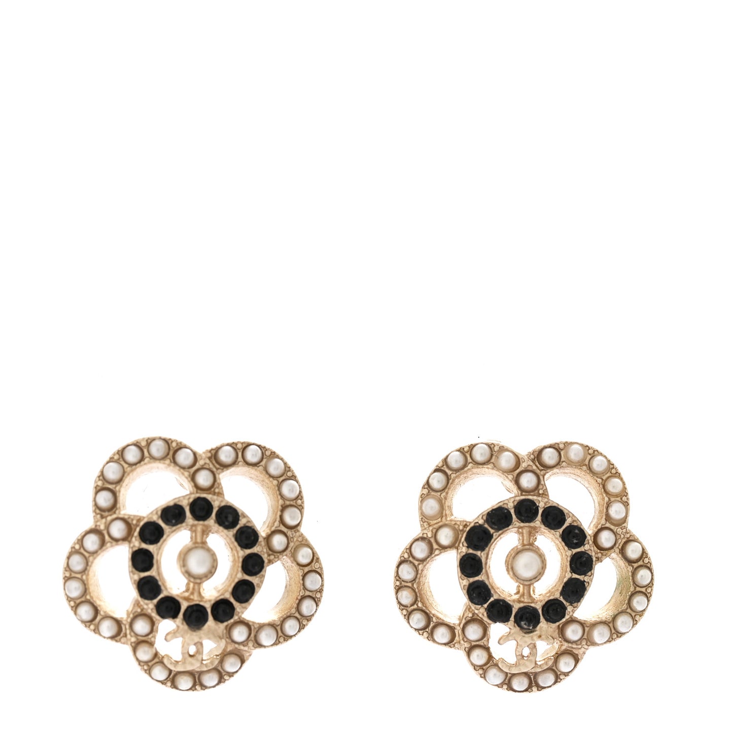 Pearl Camelia CC Earrings Gold Black White