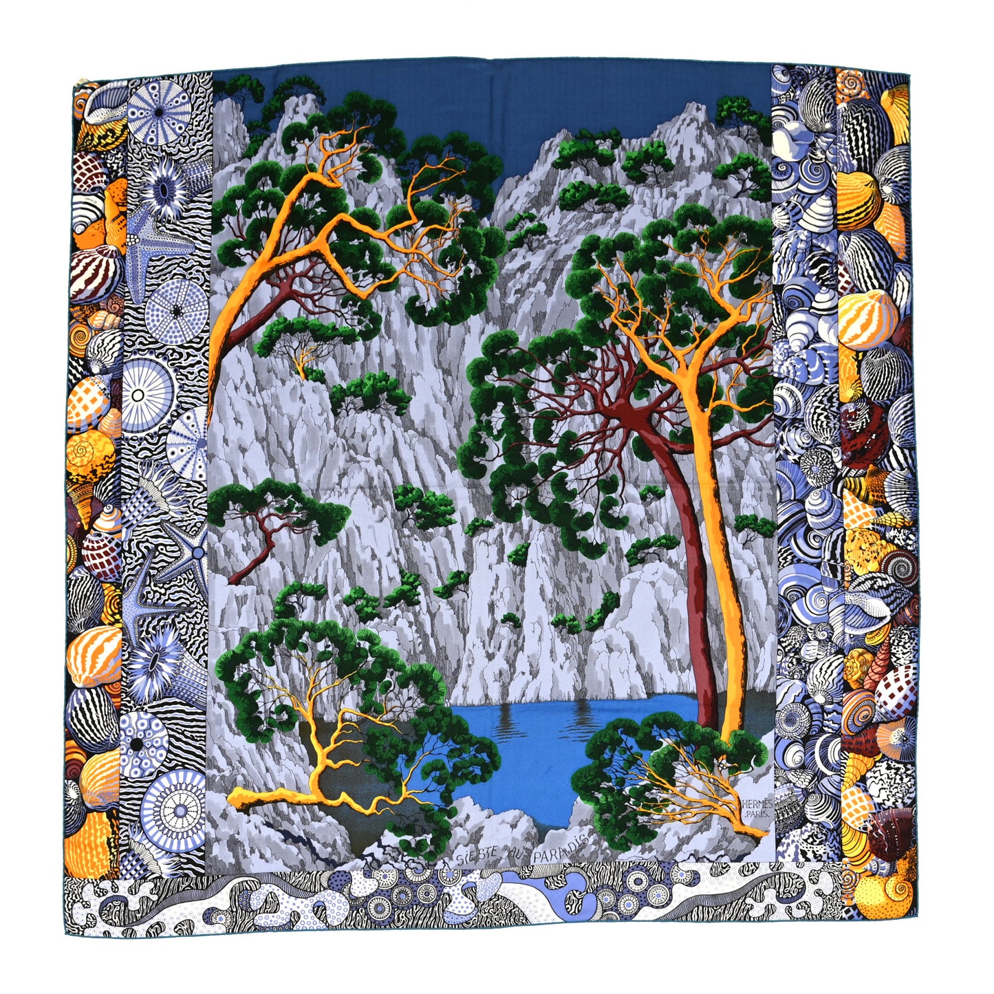 Cashmere Silk Sieste Au Paradis Scarf 140 Bleu Jaune Vert