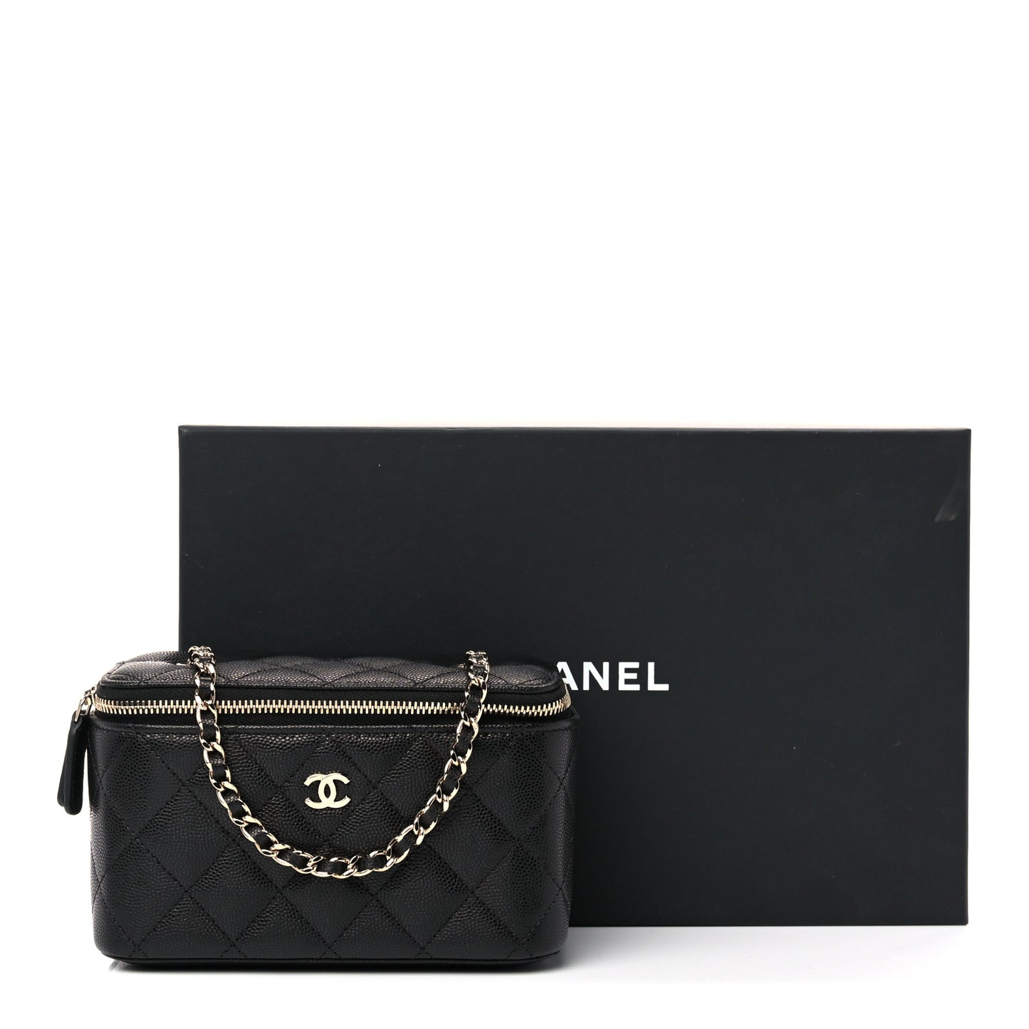 Caviar Quilted Small Vanity Case With Chain Black