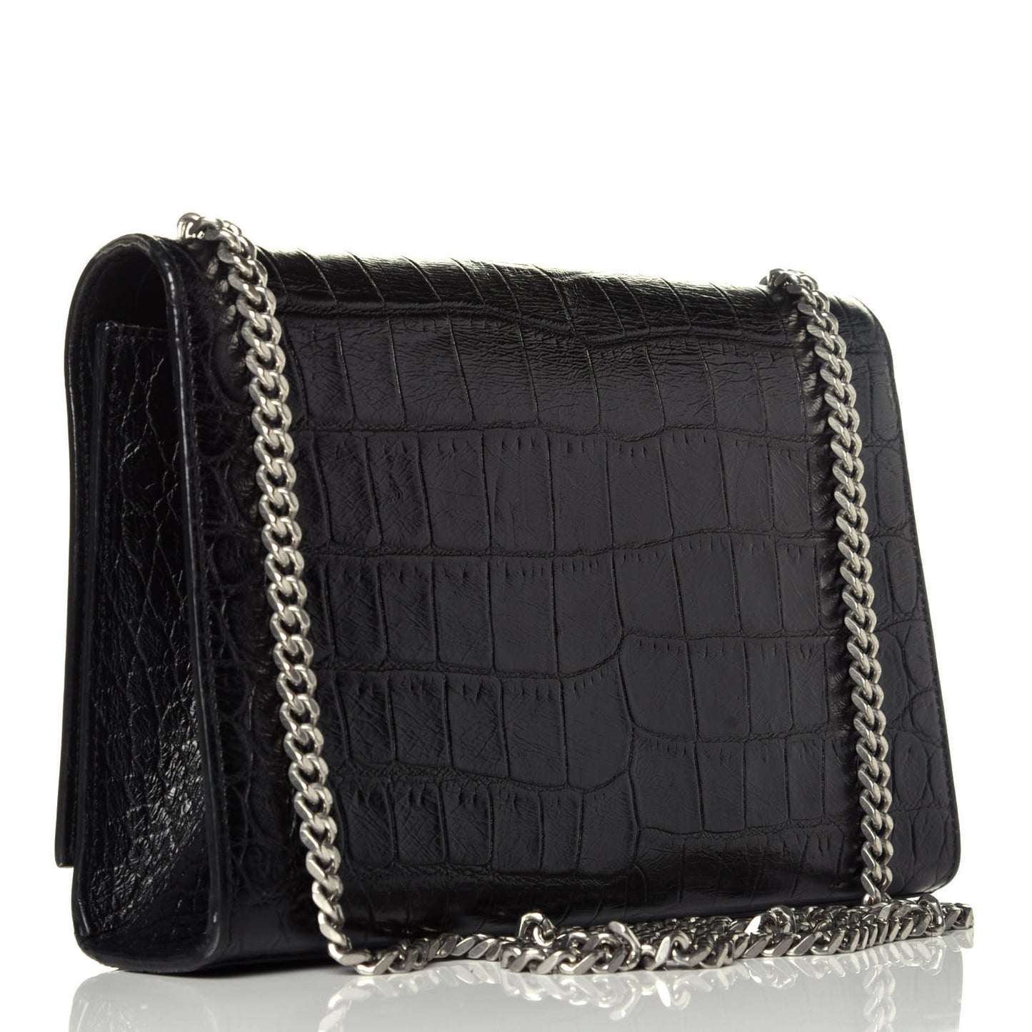 Calfskin Crocodile Embossed Medium Classic Monogram Kate Tassel Satchel Black