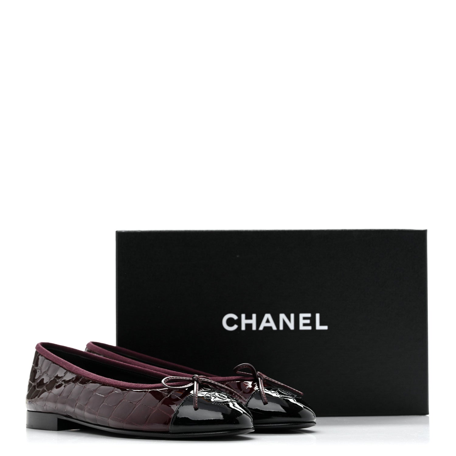 Chanel Patent Calfskin Crocodile Embossed Ballerina Flats 37 Dark Burgundy Black 10 of 10