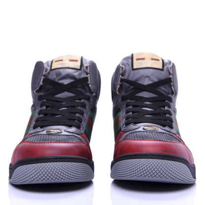 Gucci Miro Soft Calfskin Web Mens Screener High Top Sneakers 9.5 Light Hibiscus Red Black Foggy Grey 2 of 10