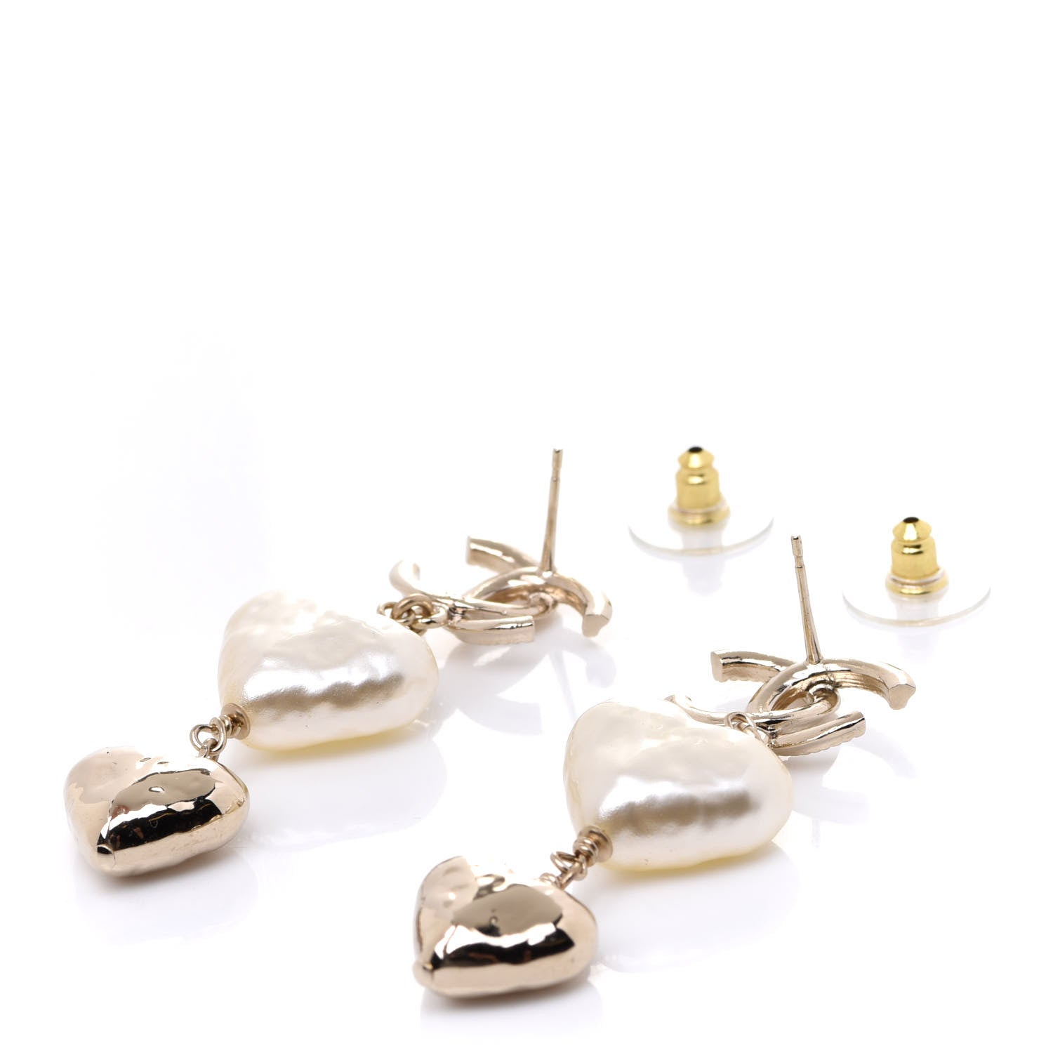 Chanel Pearl CC Double Heart Drop Earrings Gold 3 of 5