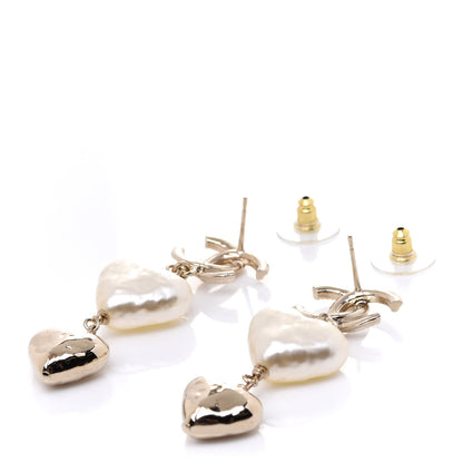 Chanel Pearl CC Double Heart Drop Earrings Gold 3 of 5