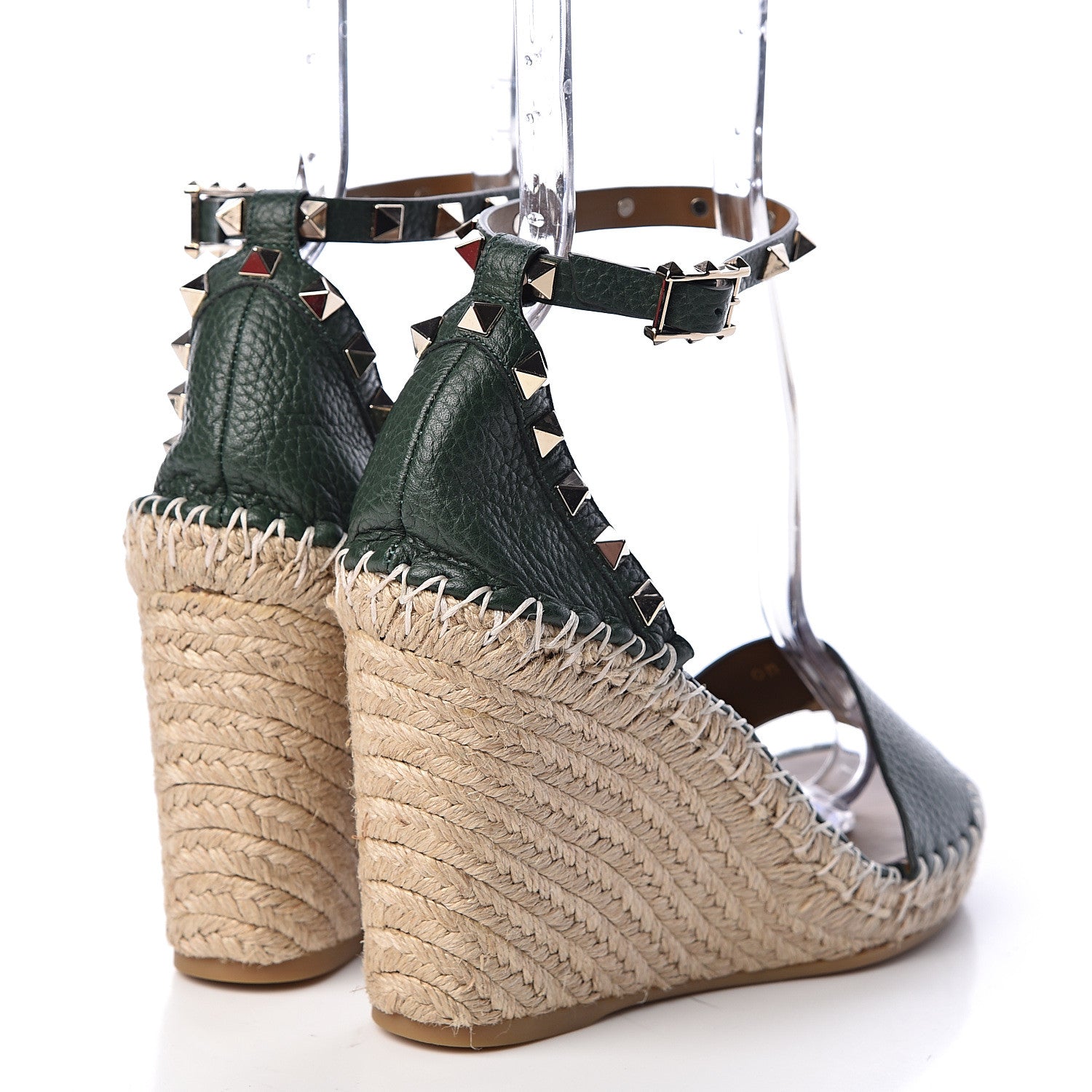 Valentino Garavani Grained Calfskin Rockstud Ankle Strap Espadrille 15/105mm Wedge Sandals 38 Army Green Natural 5 of 12