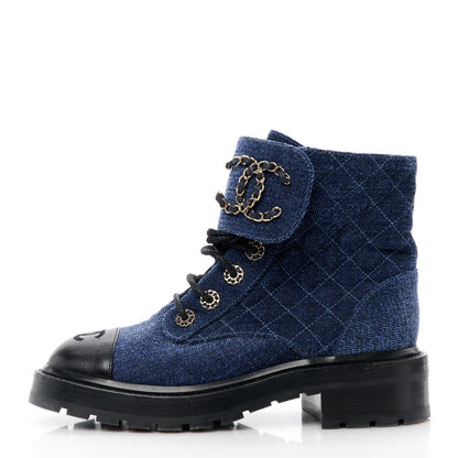 Chanel Denim Calfskin Quilted Lace Up Combat Boots 36.5 Blue 1 of 8