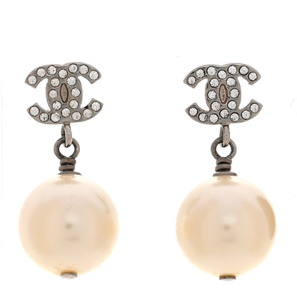 Chanel Crystal Pearl CC Drop Earrings Silver 1 of 6