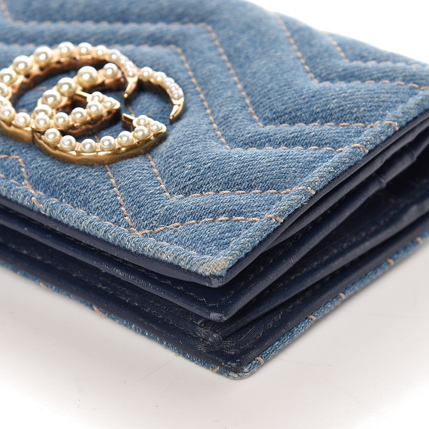 Denim Matelasse Pearly GG Marmont Card Case Wallet Blue