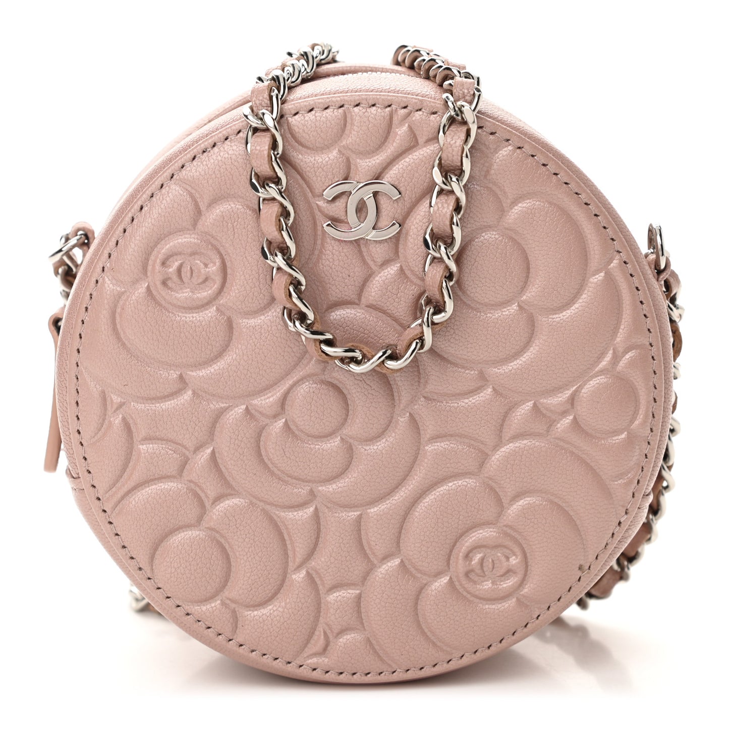 Goatskin Camellia Quilted Round Clutch With Chain Light Pink
