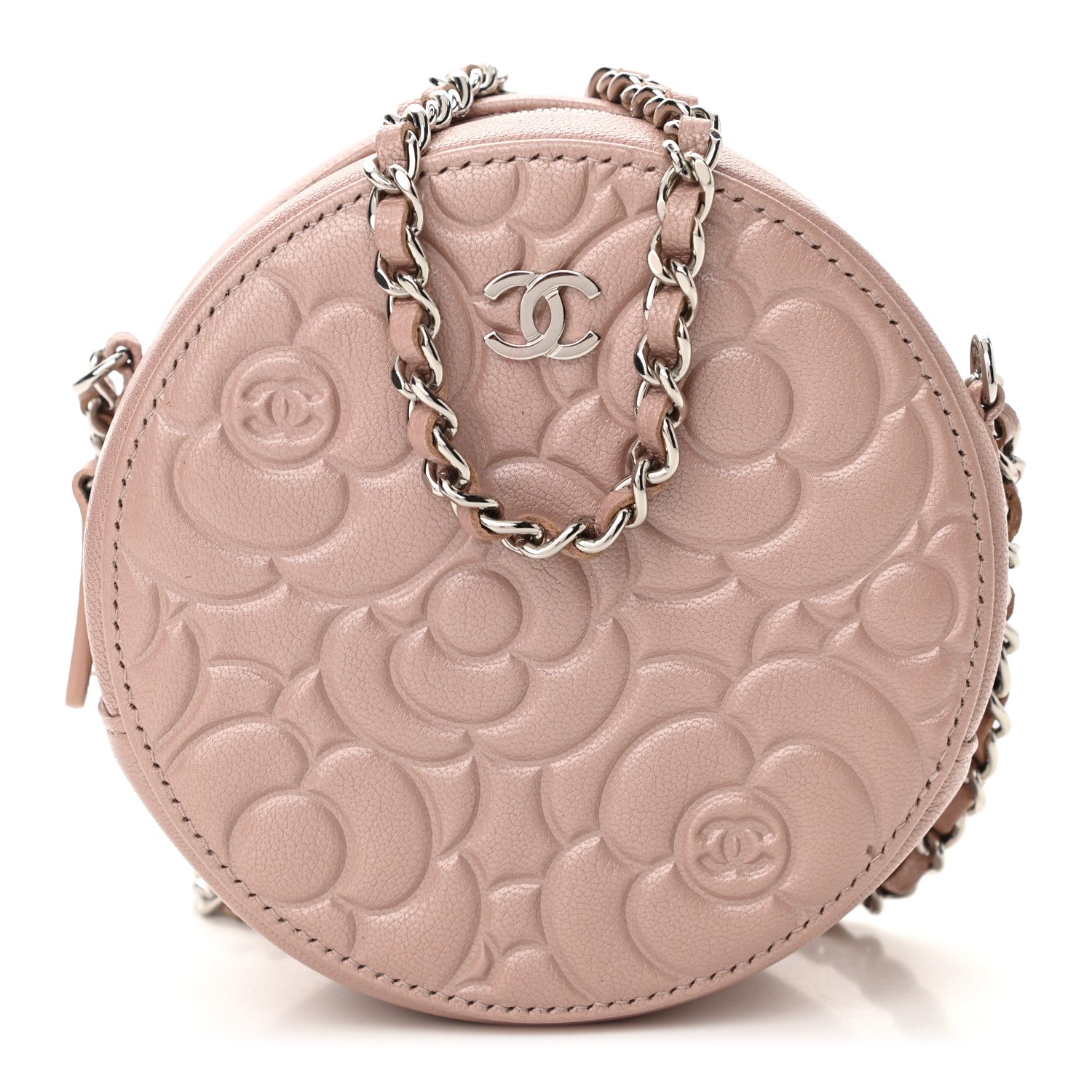 Chanel Goatskin Camellia Quilted Round Clutch With Chain Light Pink 1 of 11