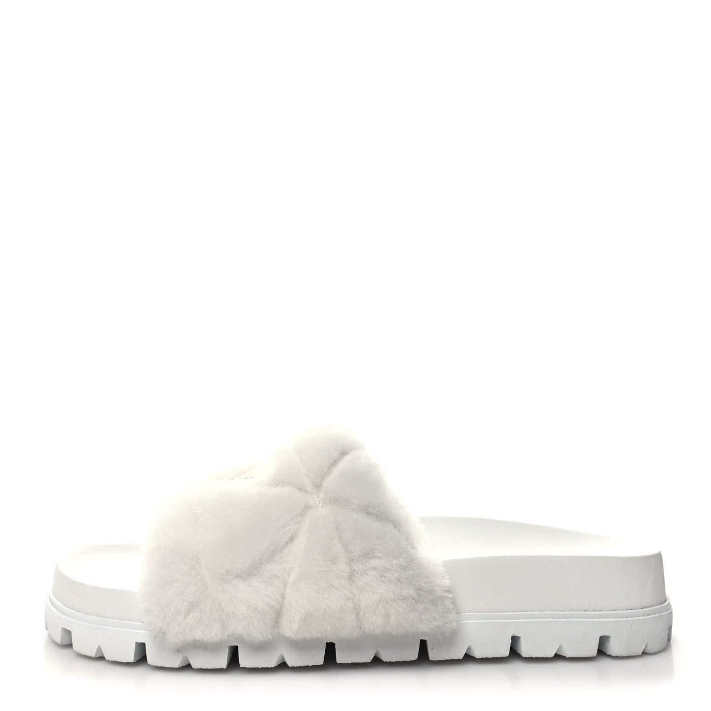 Shearling Metal Triangle Logo Lug Sole 20mm Slide Sandals 37.5 White