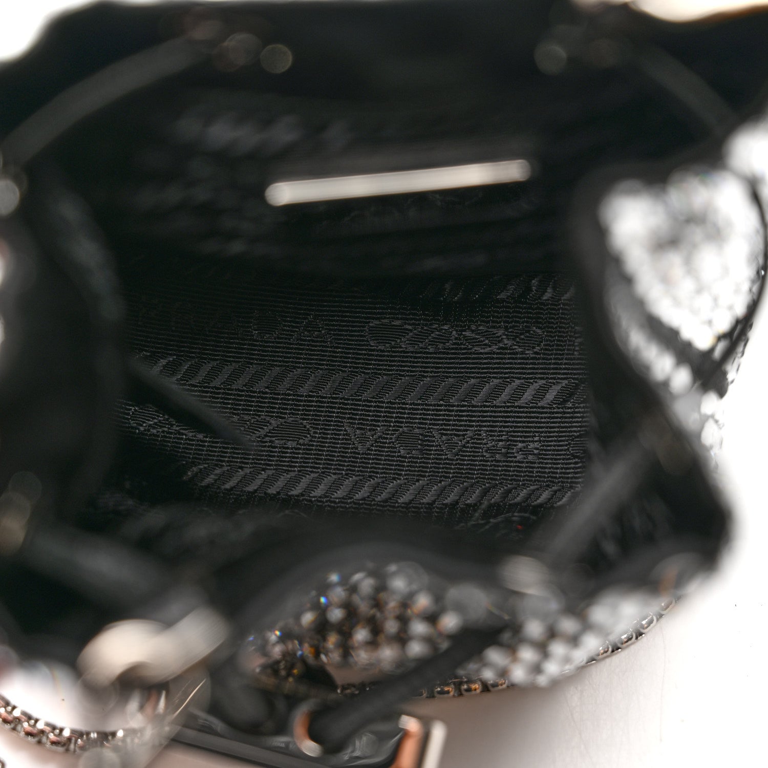 Prada Satin Crystal Metal Triangle Logo Mini Drawcord Pouch Shoulder Bag Cristal 5 of 8