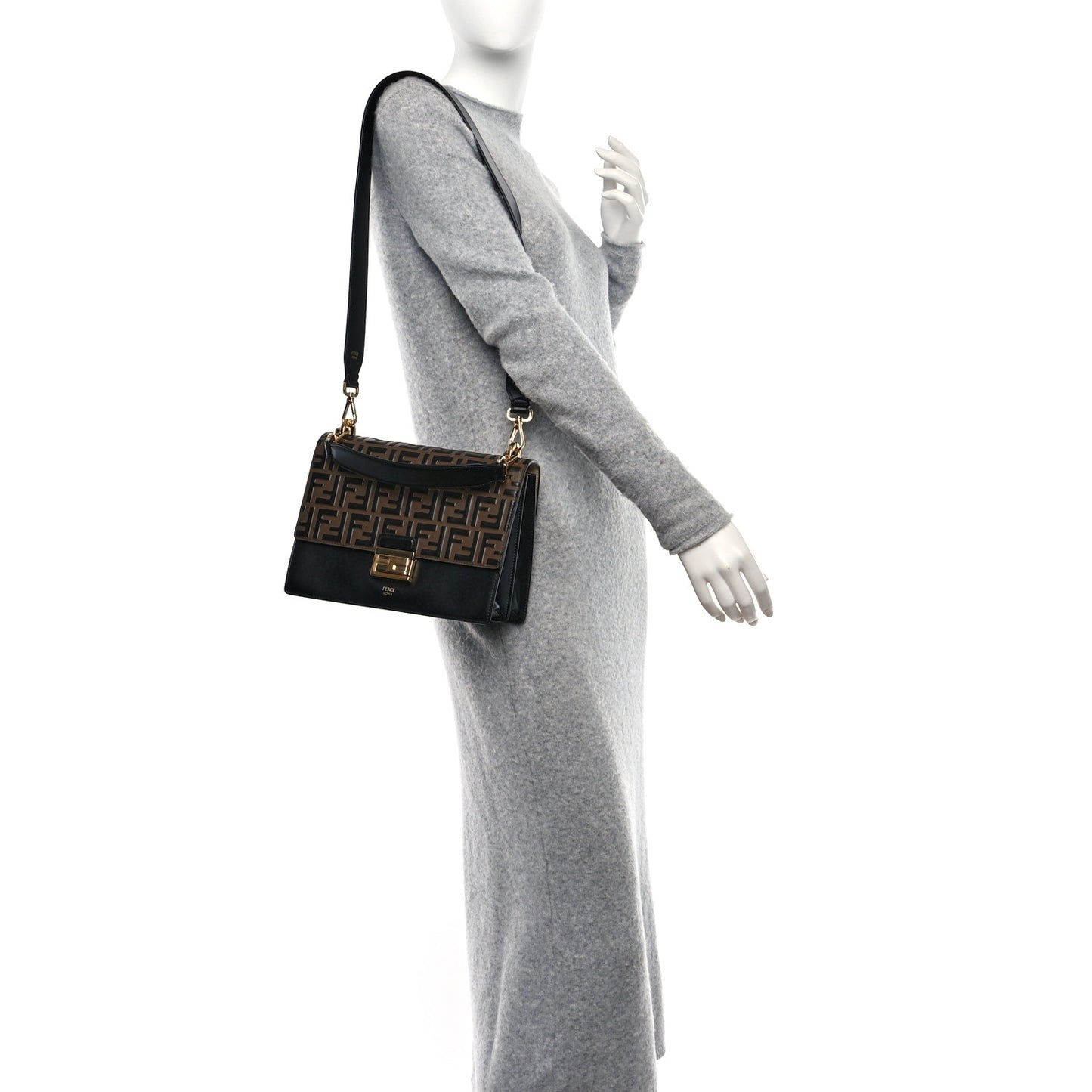 Vitello Liberty Bi-Color FF 1974 Embossed Kan U Shoulder Bag Black Maya