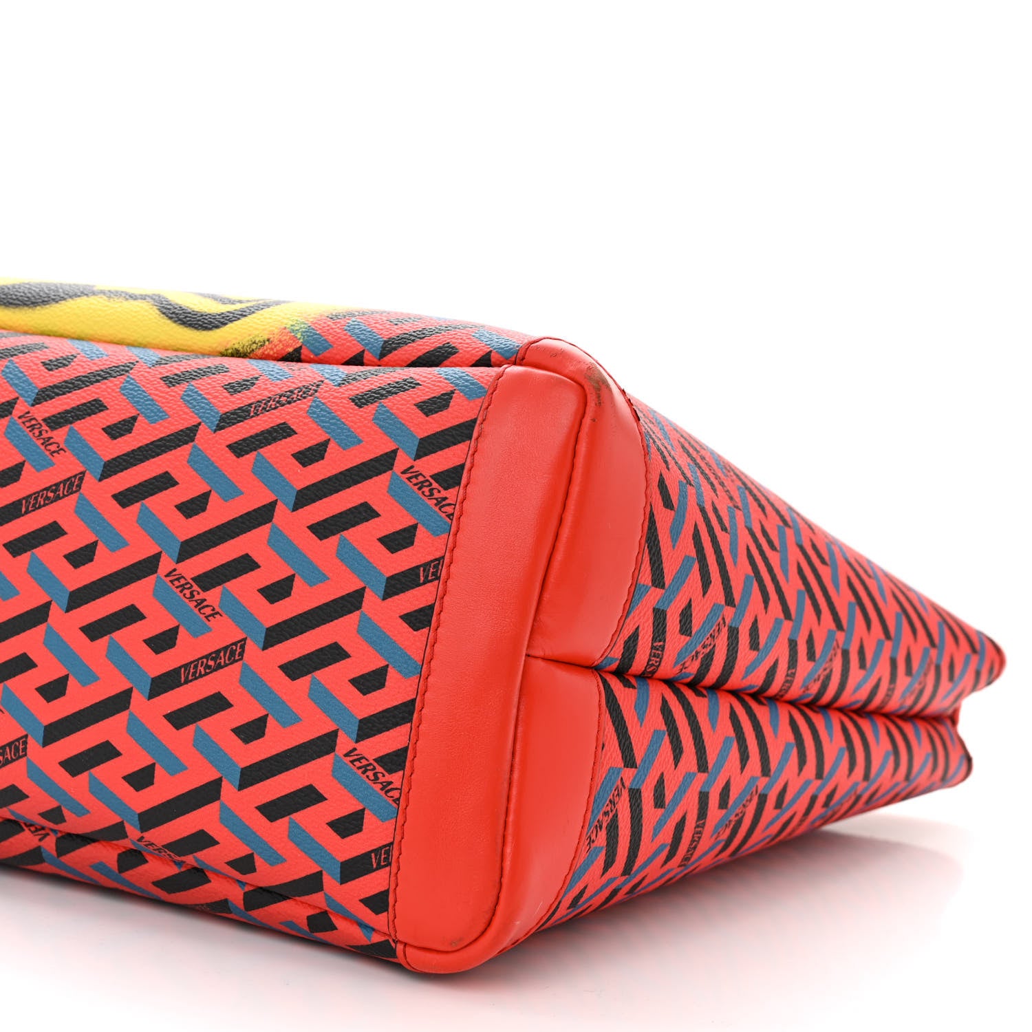 Versace Coated Canvas Calfskin La Greca Signature Shopper Tote Bag Blue Red 10 of 13