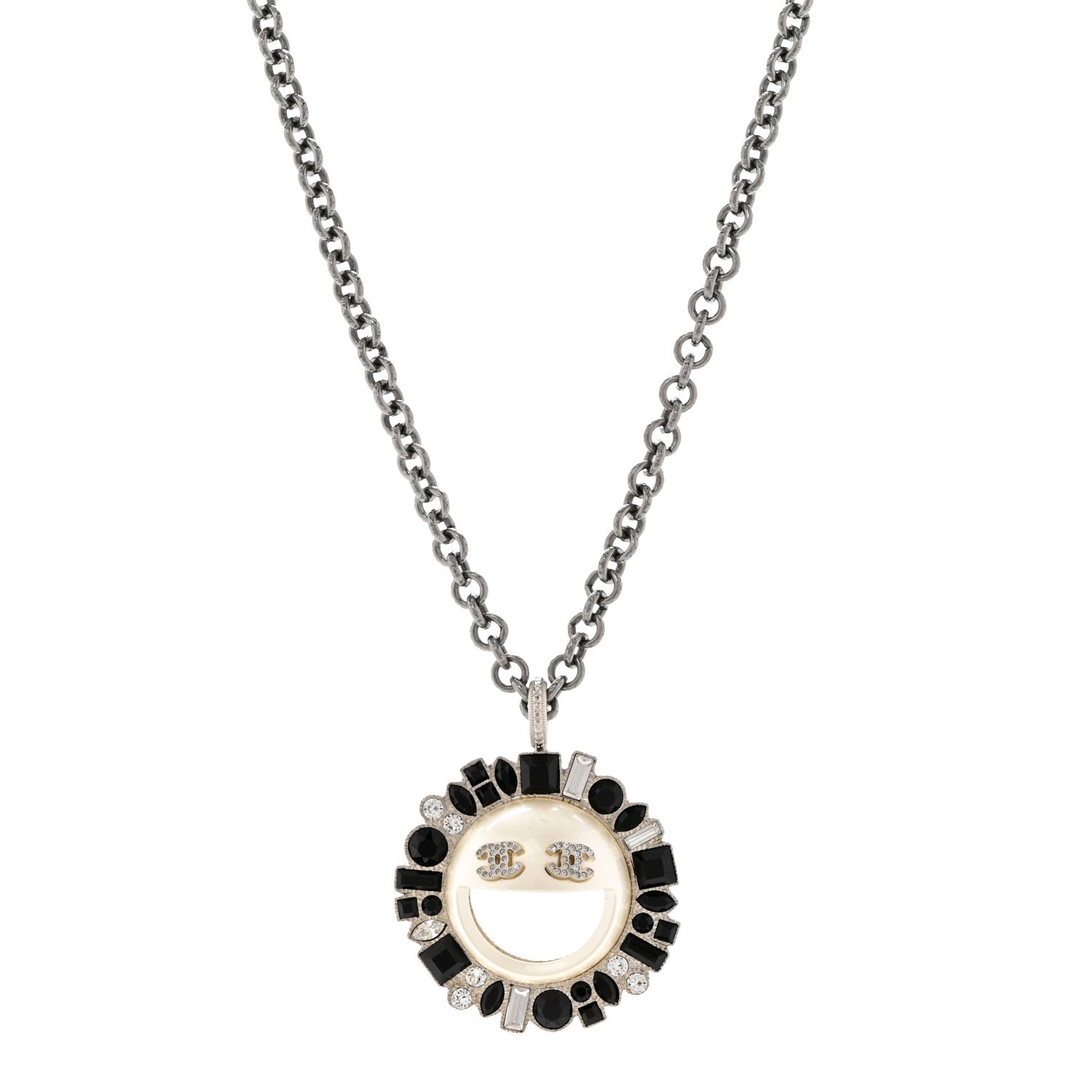 Chanel Crystal CC Smiley Emoji Pendant Necklace Silver Black 1 of 6