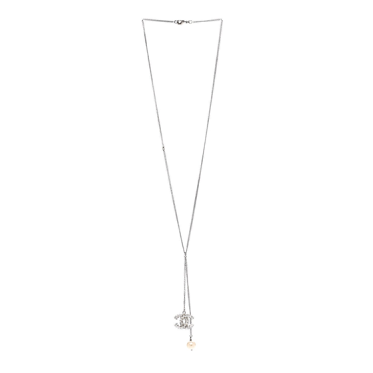 Baguette Crystal Pearl CC Lariat Necklace Silver