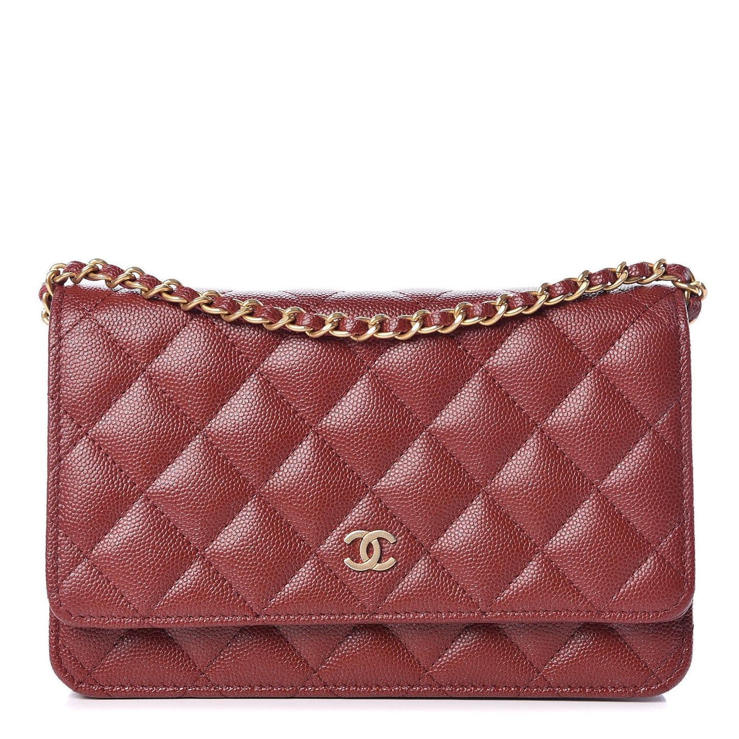 Metallic Caviar Quilted Wallet On Chain WOC Red