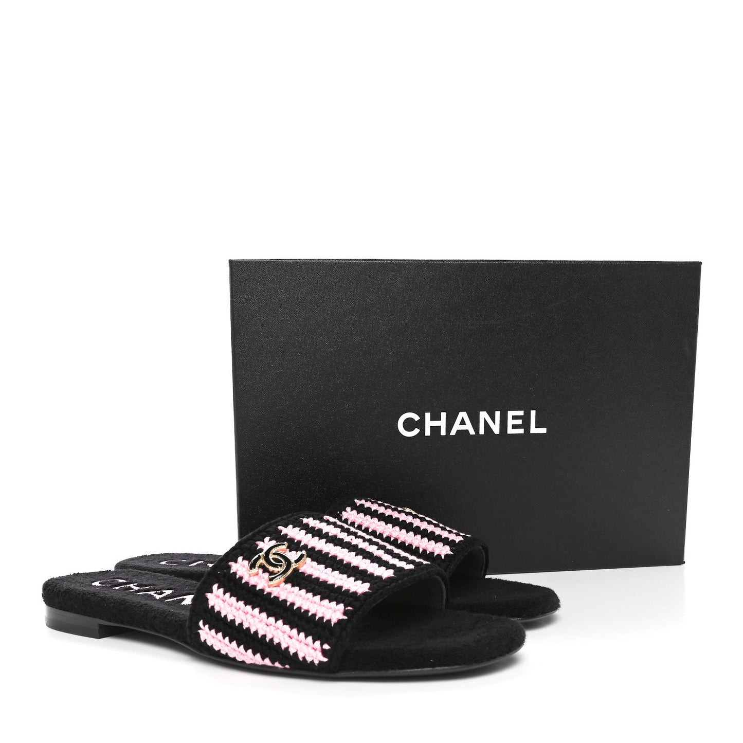 Crochet Striped Enamel Camellia Mules Sandals 41 Pink Black