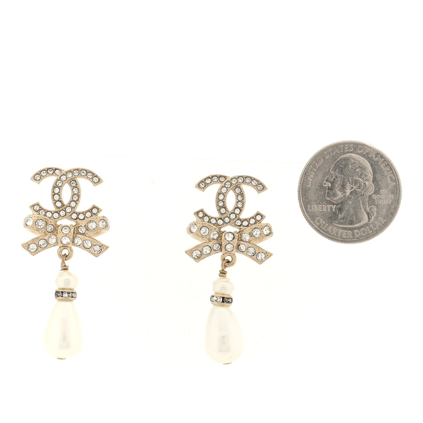 Crystal CC Bow Pearl Drop Earrings Gold Pearly White