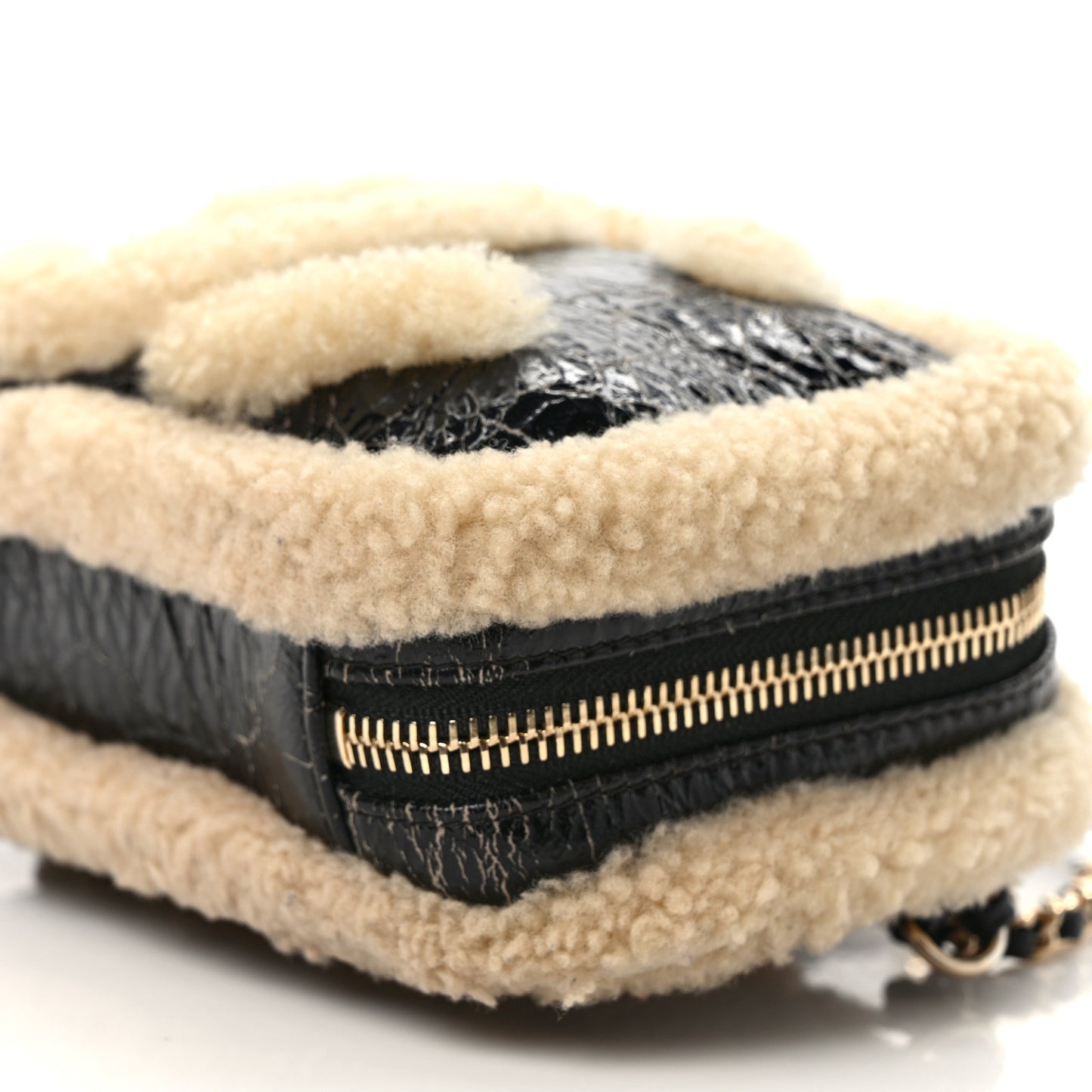 Shiny Crumpled Sheepskin Shearling Waist Bag Black Beige