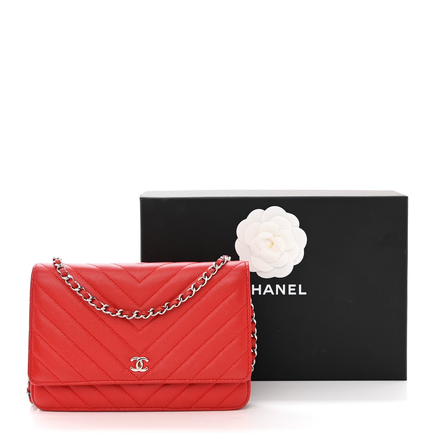 Caviar Flat Chevron Quilted Wallet On Chain WOC Red