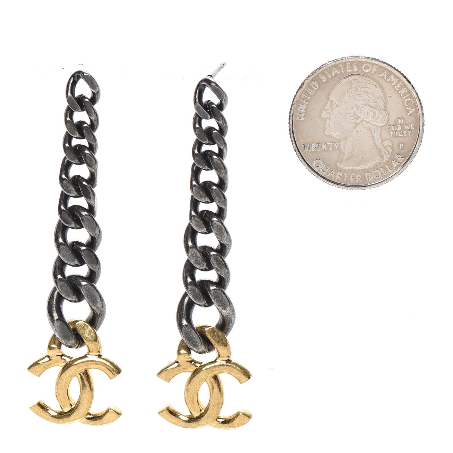 Chanel Metal CC Pick Drop Earrings Ruthenium Gold 2 of 5