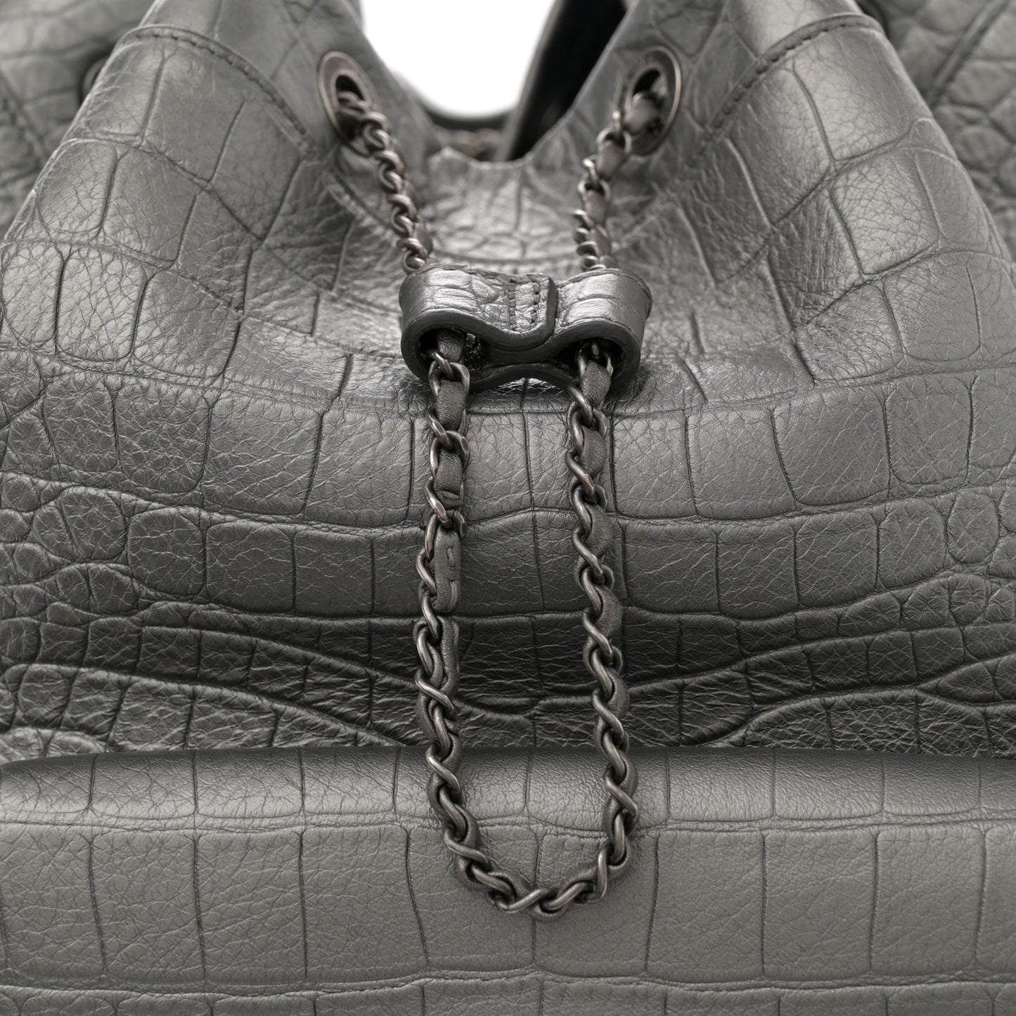 Metallic Calfskin Crocodile Embossed Large Backpack Silver