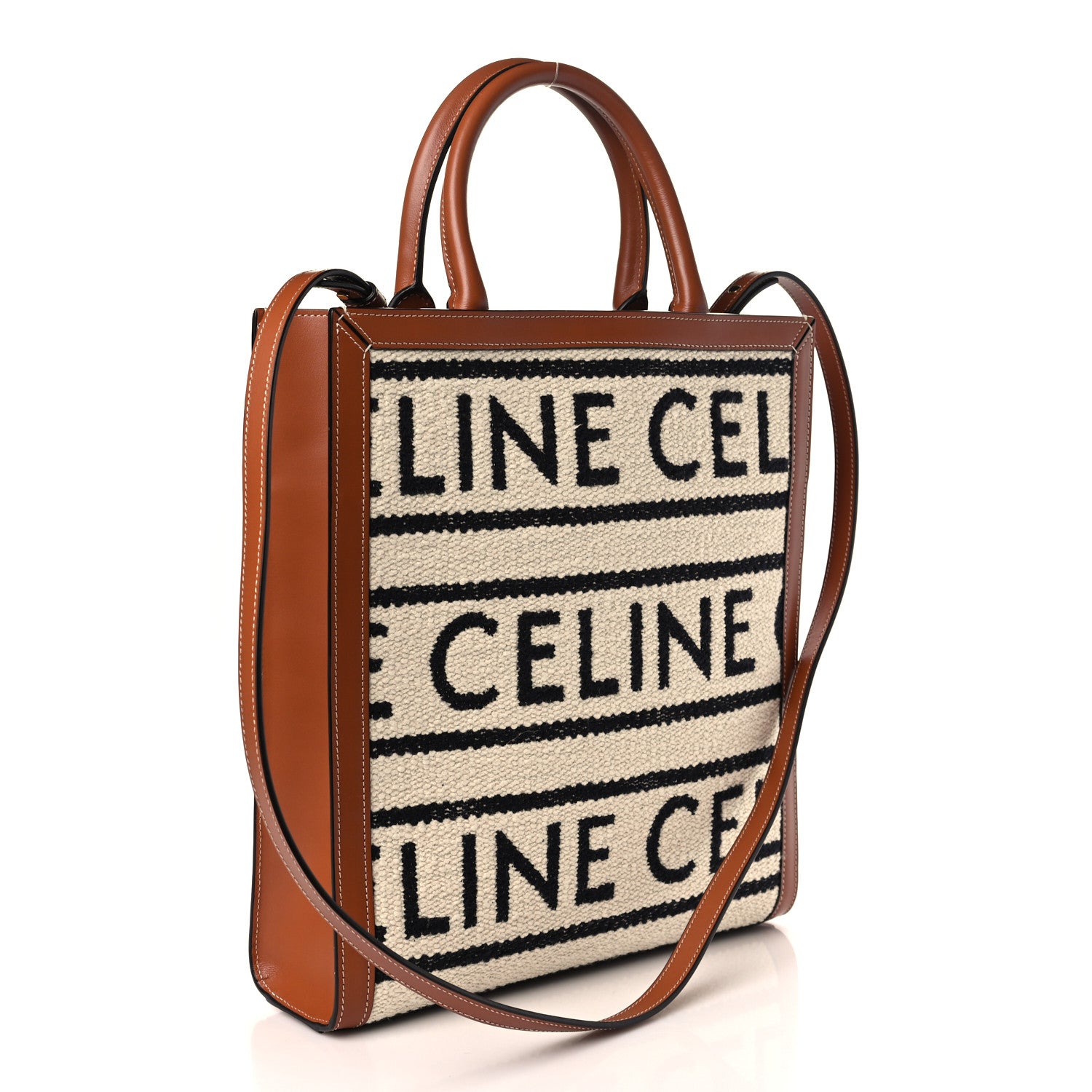 Celine All Over Textile Calfskin Small Vertical Cabas Natural Tan Black 3 of 10